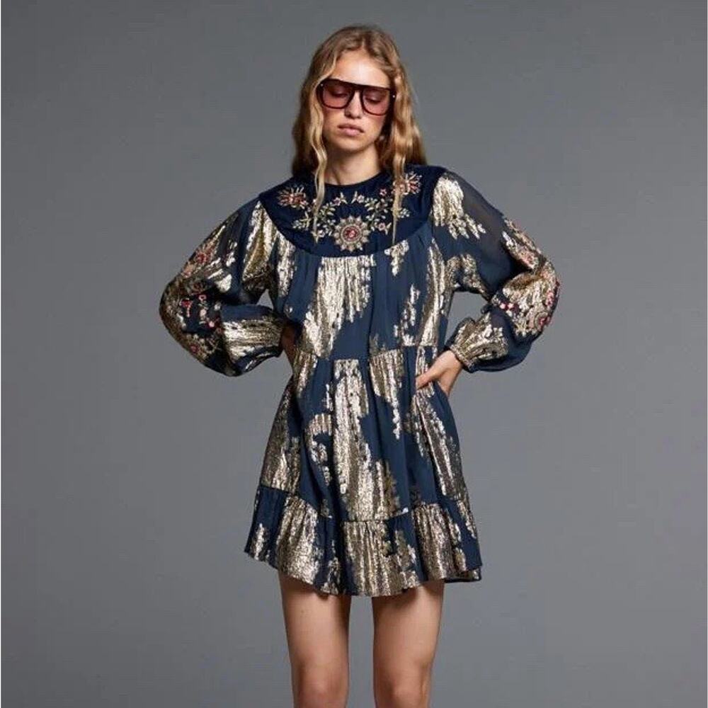 ZARA Mini‎ Dress L Navy Gold Embroidered Velvet Metallic Tiered Holiday Festive
